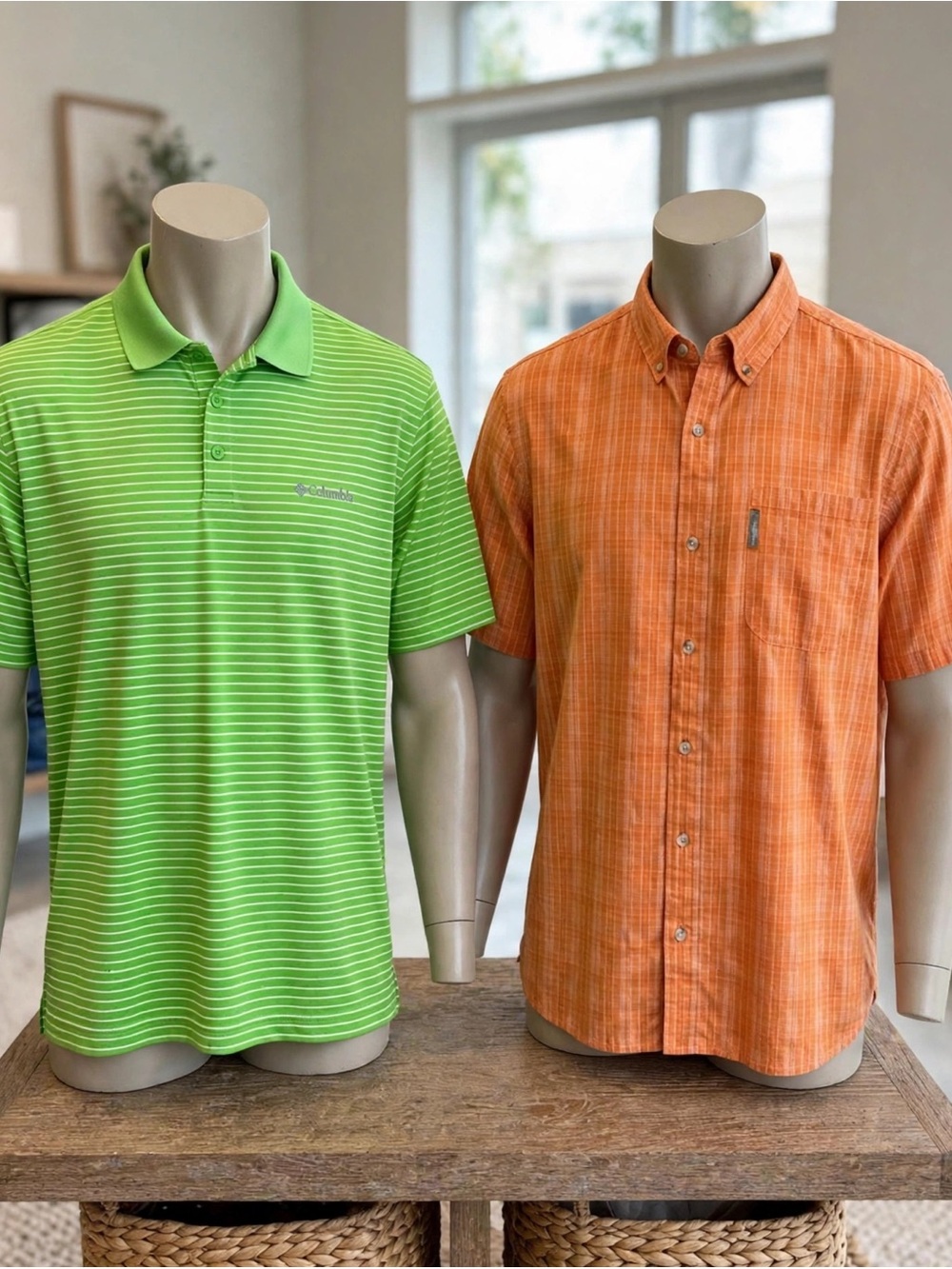 Columbia Men's Green Striped Polo & Orange Plaid Button Down Size XL Lot of 2
